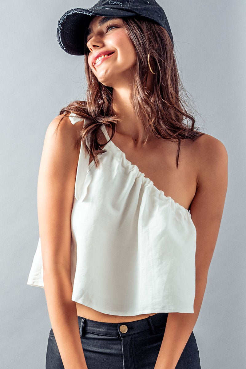 One Off Shoulder Tie Crop Linen Top