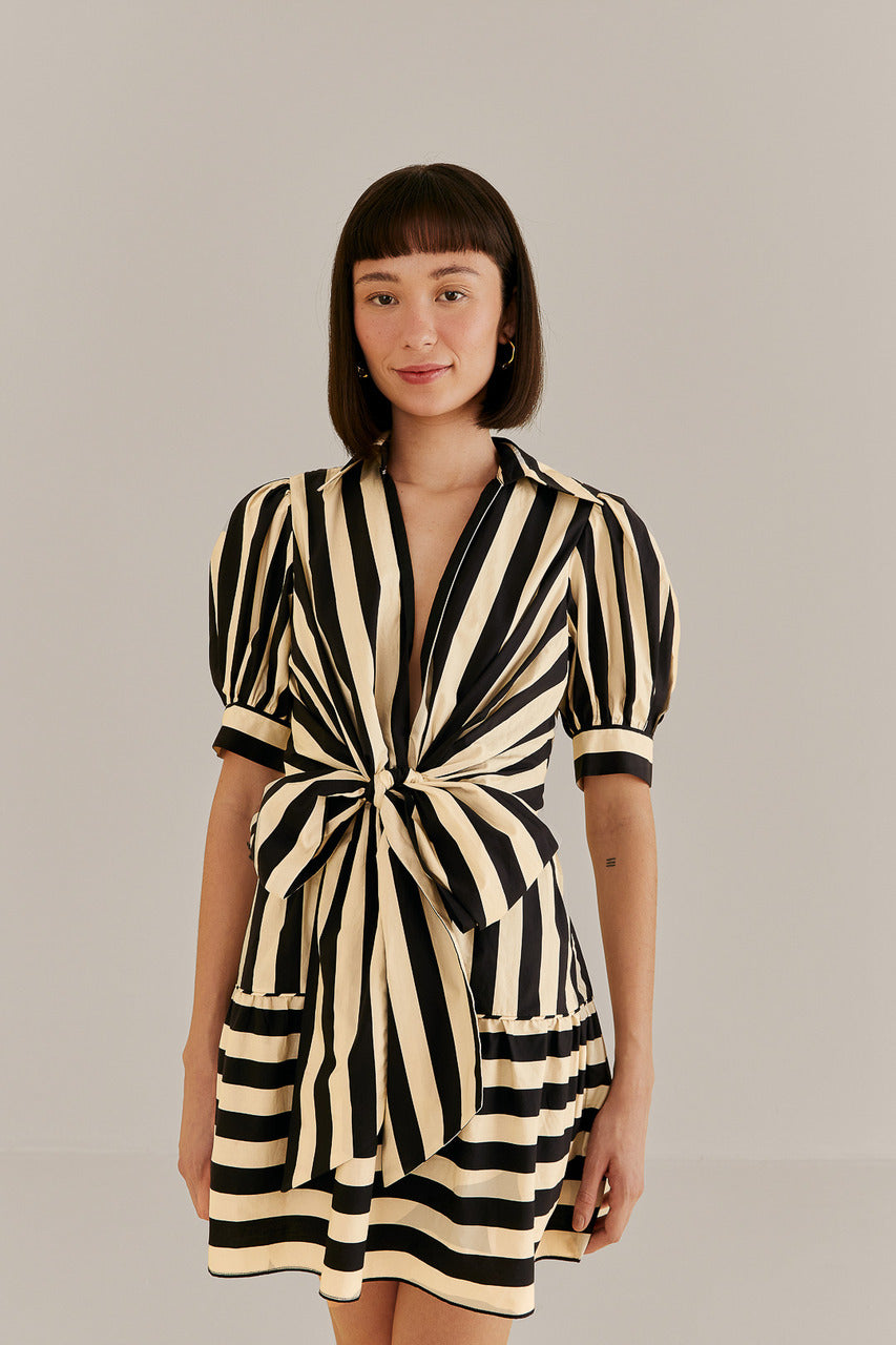 Mixed Stripes Black Short Sleeve Mini Dress