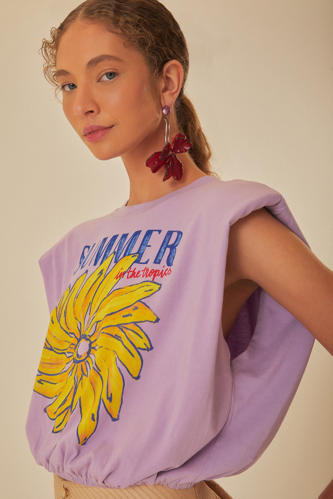 Lilac Summer In The Tropics Shoulder Pads Muscle Tee