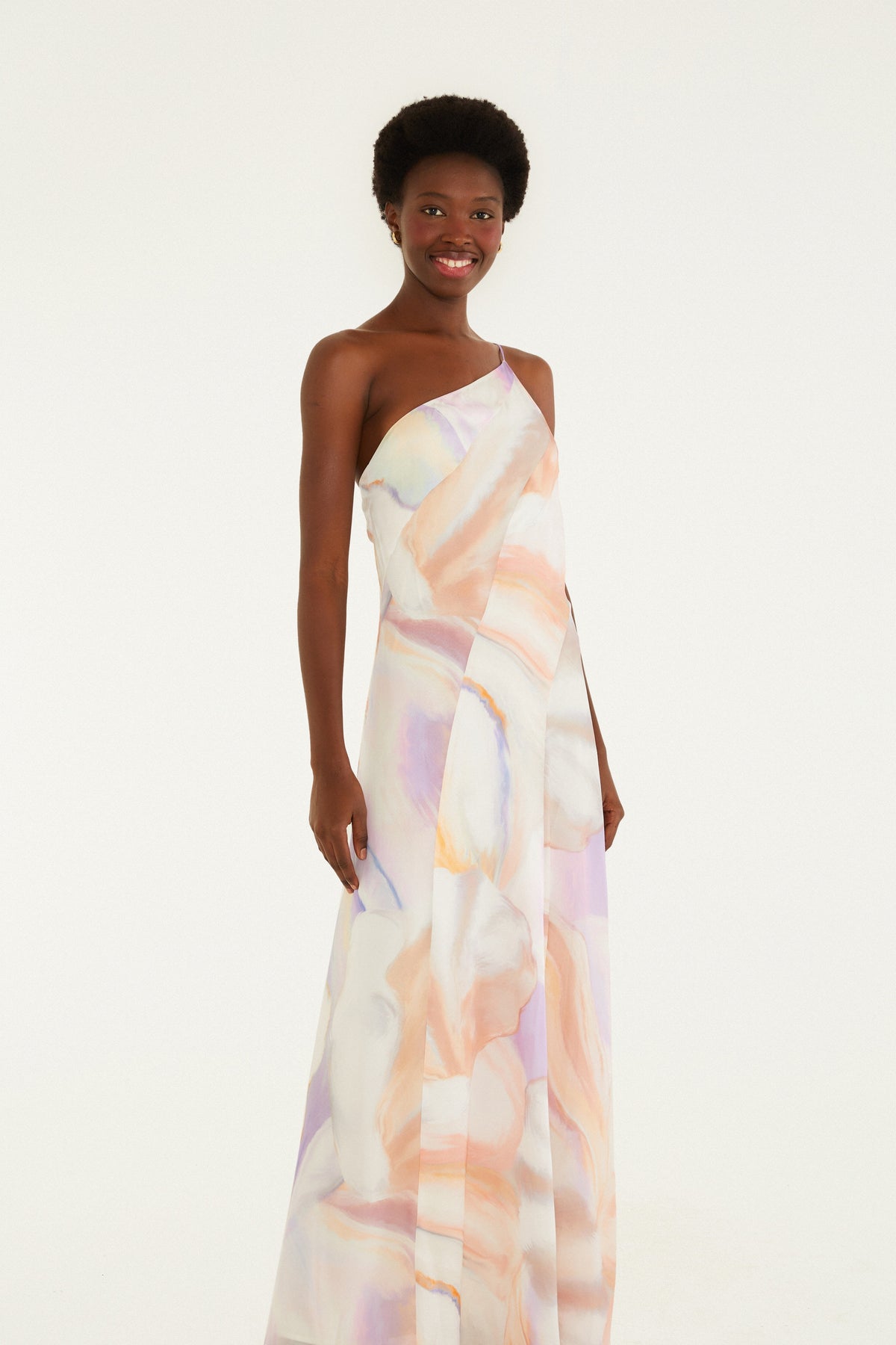 VESTIDO MAXI ONE SHOULDER ESTAMPADO PERLAS