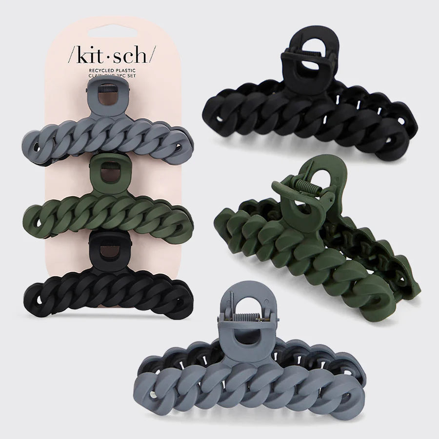 Recycled Plastic Chain Claw Clips 3pc Set - Black and Moss