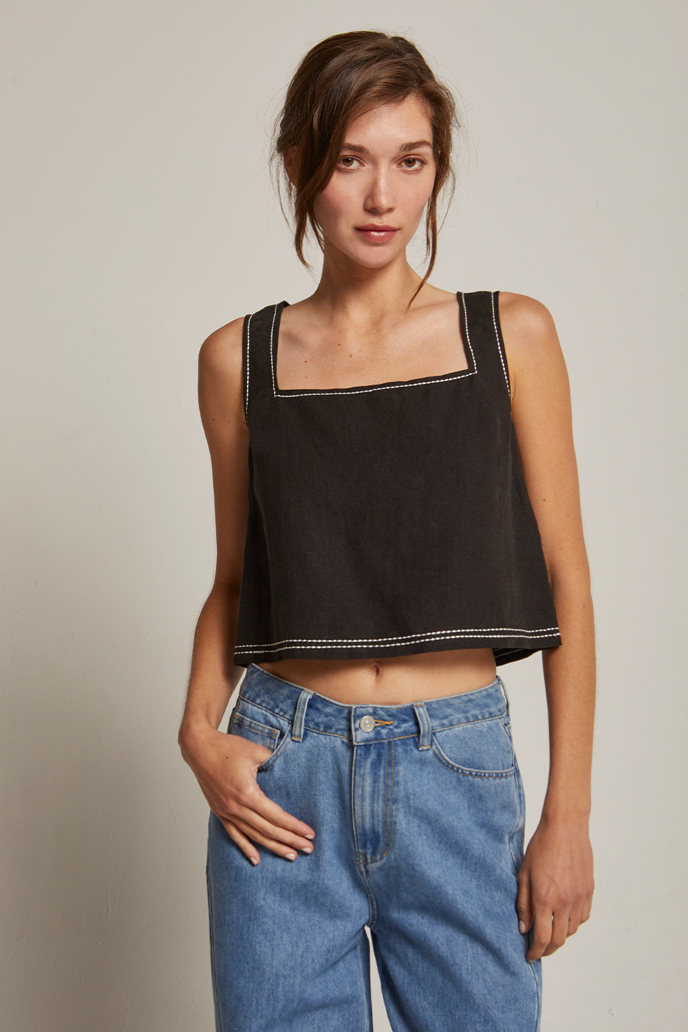 Taby Contrast Embo Stitch Top