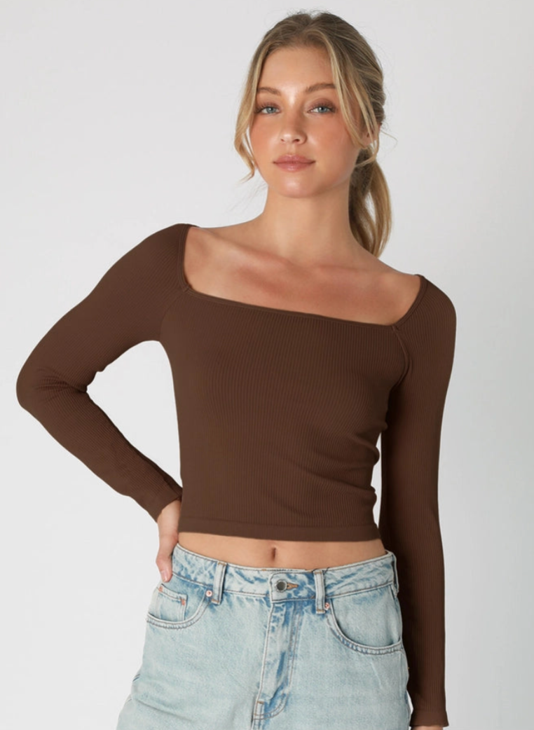 Ribbed Long Sleeve Square Neck Top