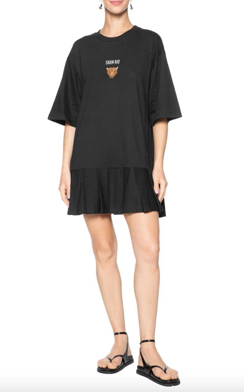 Vestido Curto Pregas Bordado Preto