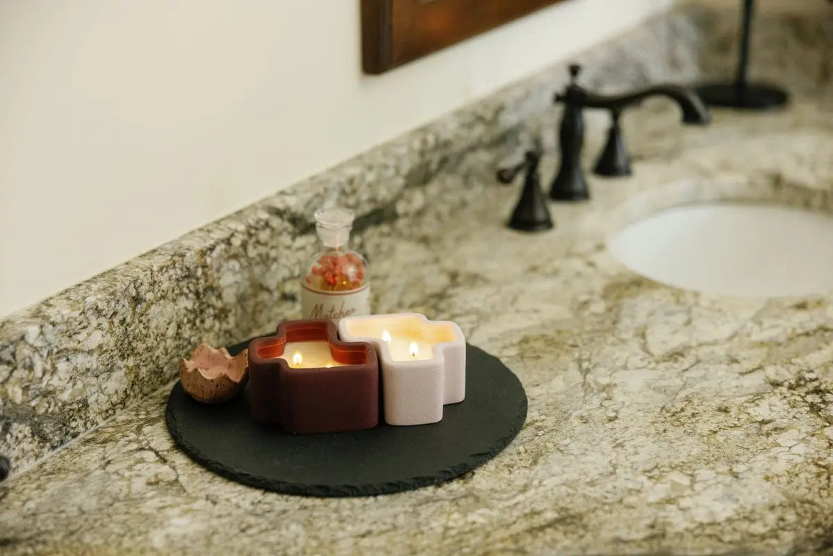 Boxed Set of 2 Jigsaw 4 Oz Candles - Burgundy and Pink - Pink Pistachio & Black Fig