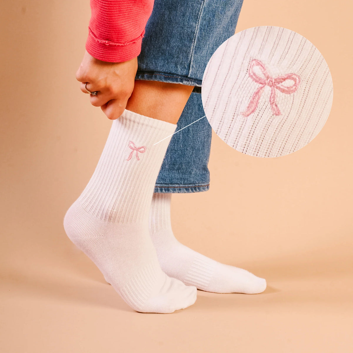 Embroidered Crew Socks - Pink Bow