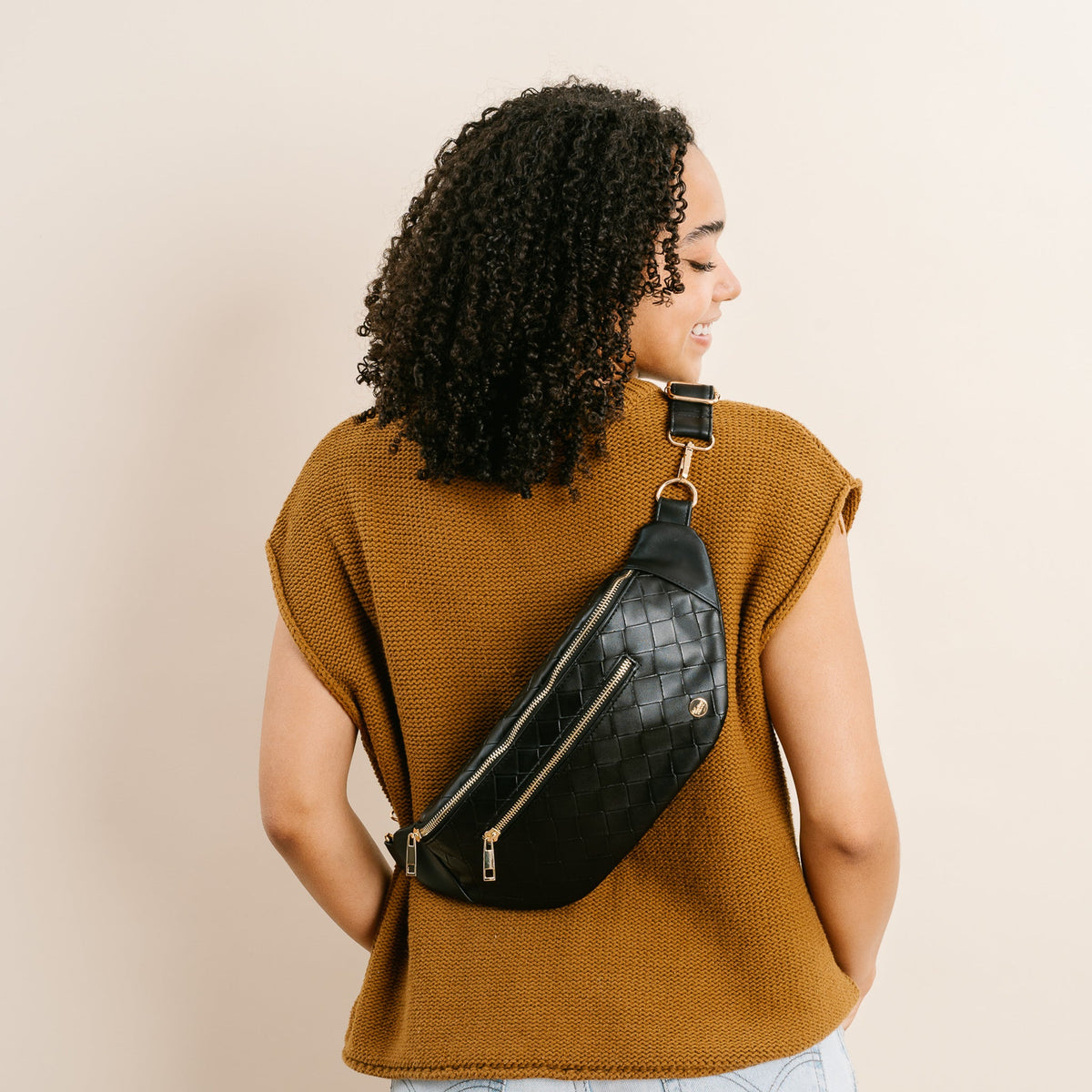 Woven Black Trendy Luxe Belt Bag