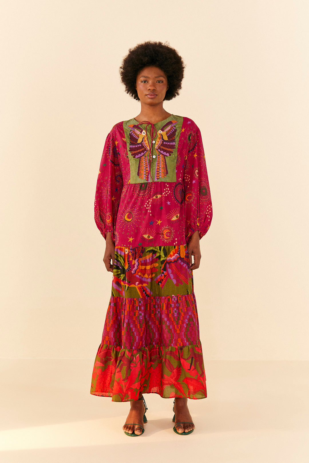 Mixed Prints Embroidered Yoke Maxi Dress - Humana