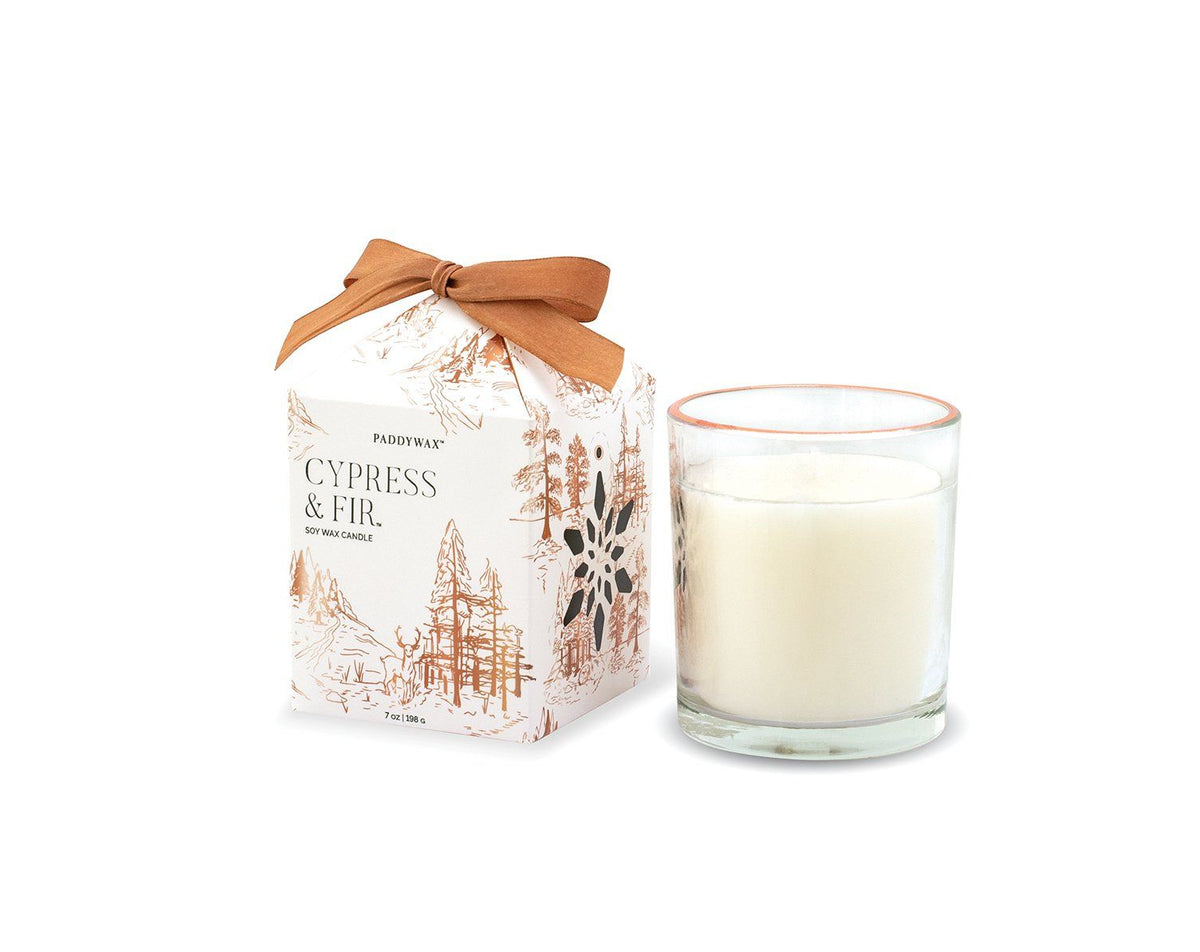 Cypress Fir Holiday Glass Copper Candle